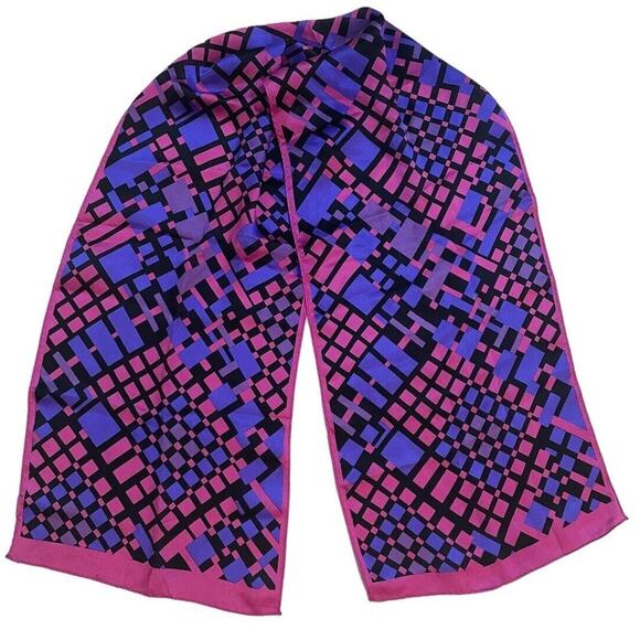 Vintage 80s Silk Scarf Retro Geometric Print Pink Purple Oblong Luxury 10x52 - Picture 5 of 5